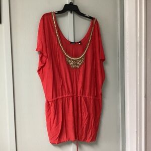 Moda International M  Costal Beach Cover Up Tunic Linen Blend Red Sequins NWOT